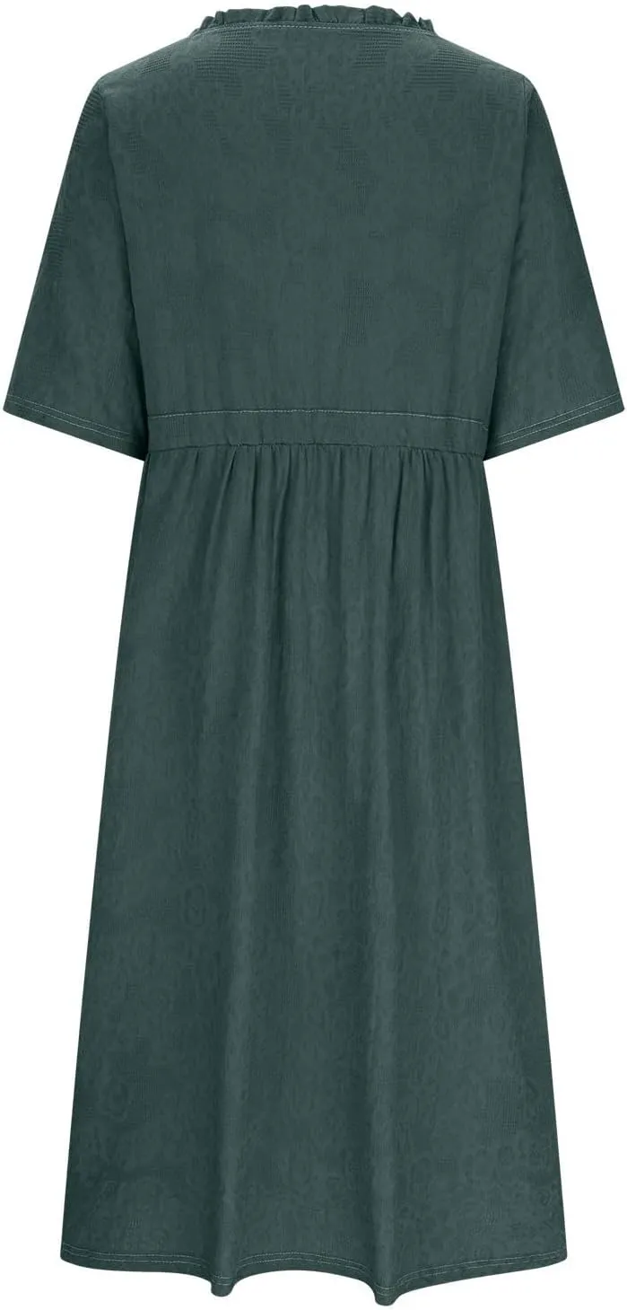 Women Summer Cotton Midi Dress Half Sleeve Button Down V Neck Retro Casual Dresses with Drawstring Solid Color 2025