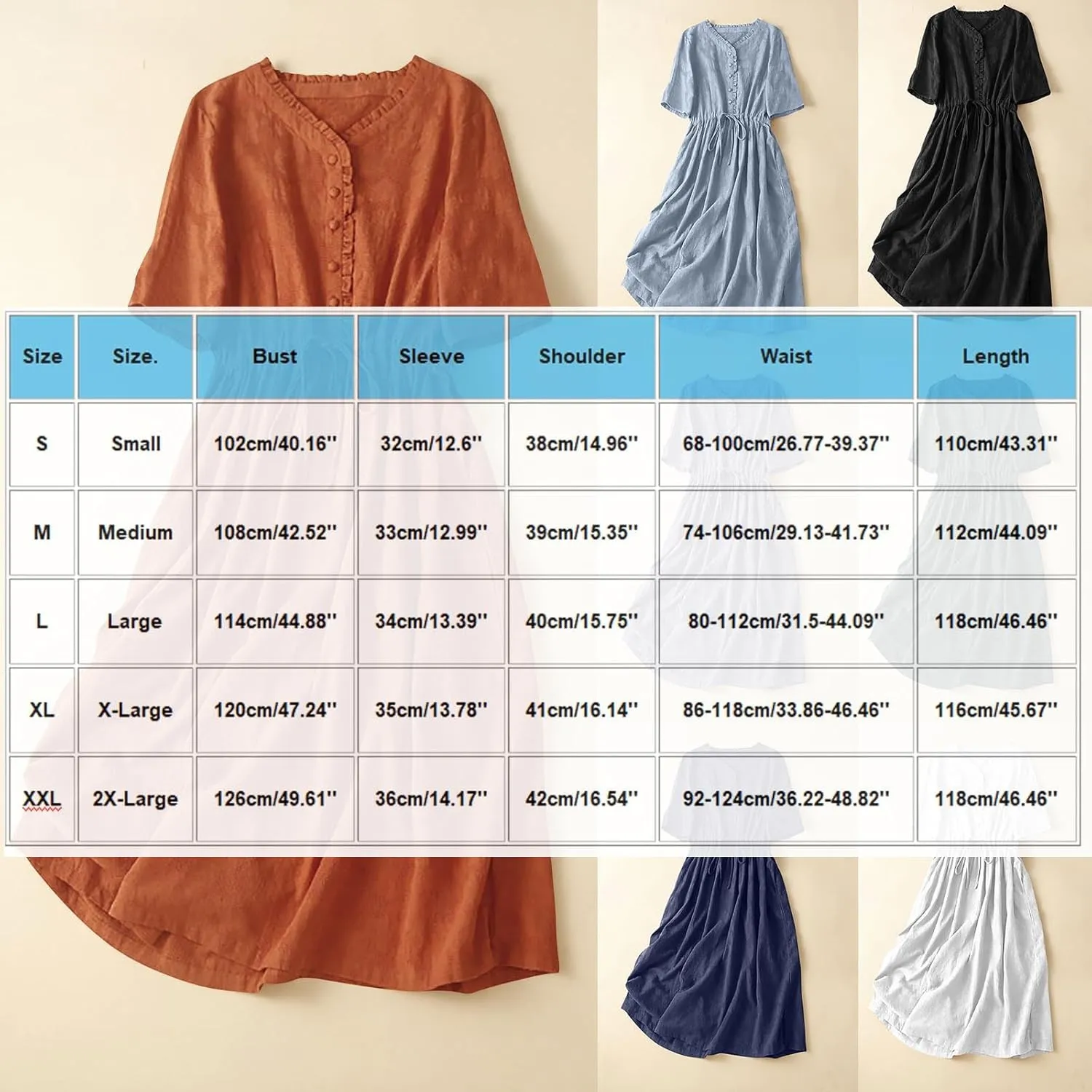 Women Summer Cotton Midi Dress Half Sleeve Button Down V Neck Retro Casual Dresses with Drawstring Solid Color 2025