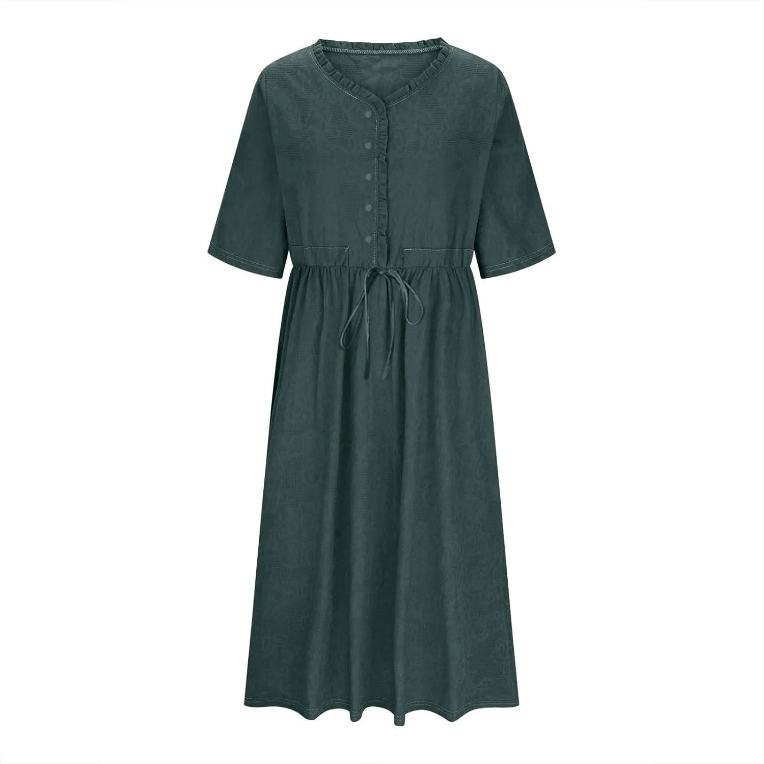 Women Summer Cotton Midi Dress Half Sleeve Button Down V Neck Retro Casual Dresses with Drawstring Solid Color 2025