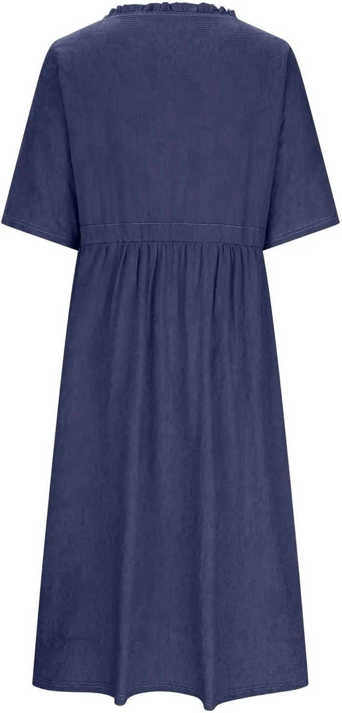 Women Summer Cotton Midi Dress Half Sleeve Button Down V Neck Retro Casual Dresses with Drawstring Solid Color 2025