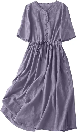Women Summer Cotton Midi Dress Half Sleeve Button Down V Neck Retro Casual Dresses with Drawstring Solid Color 2025