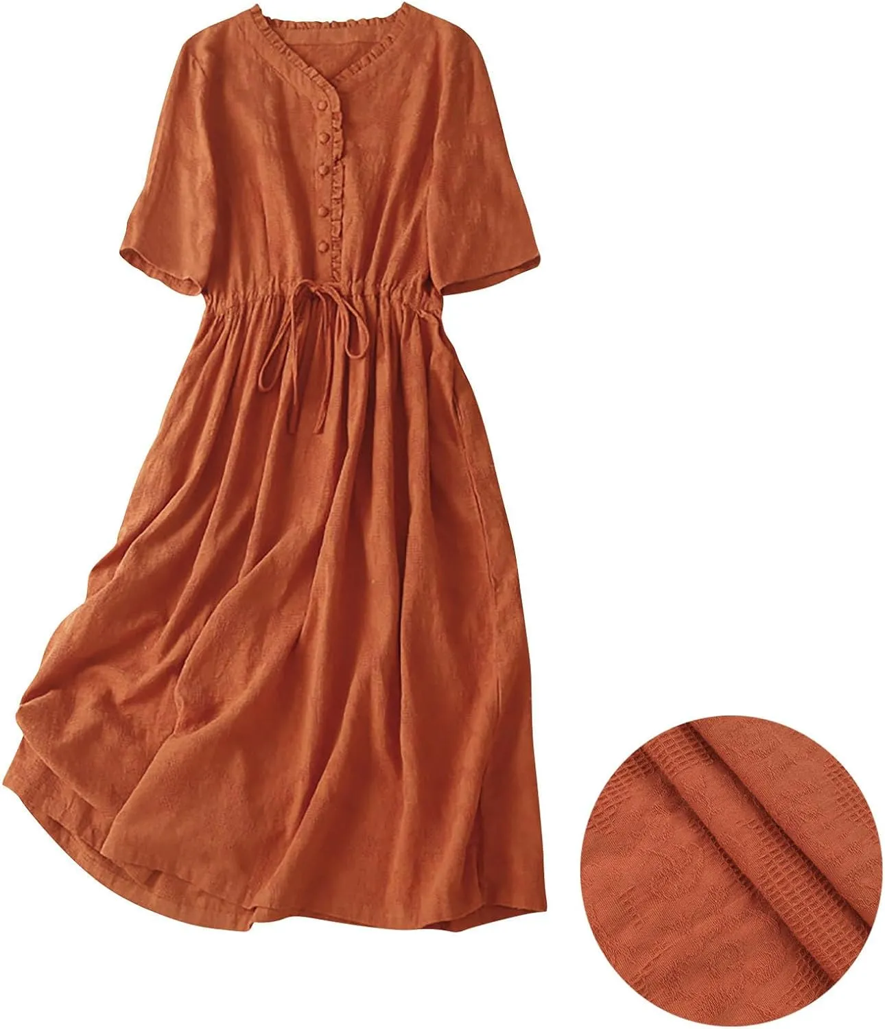 Women Summer Cotton Midi Dress Half Sleeve Button Down V Neck Retro Casual Dresses with Drawstring Solid Color 2025