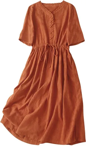 Women Summer Cotton Midi Dress Half Sleeve Button Down V Neck Retro Casual Dresses with Drawstring Solid Color 2025