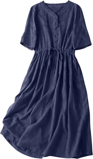 Women Summer Cotton Midi Dress Half Sleeve Button Down V Neck Retro Casual Dresses with Drawstring Solid Color 2025