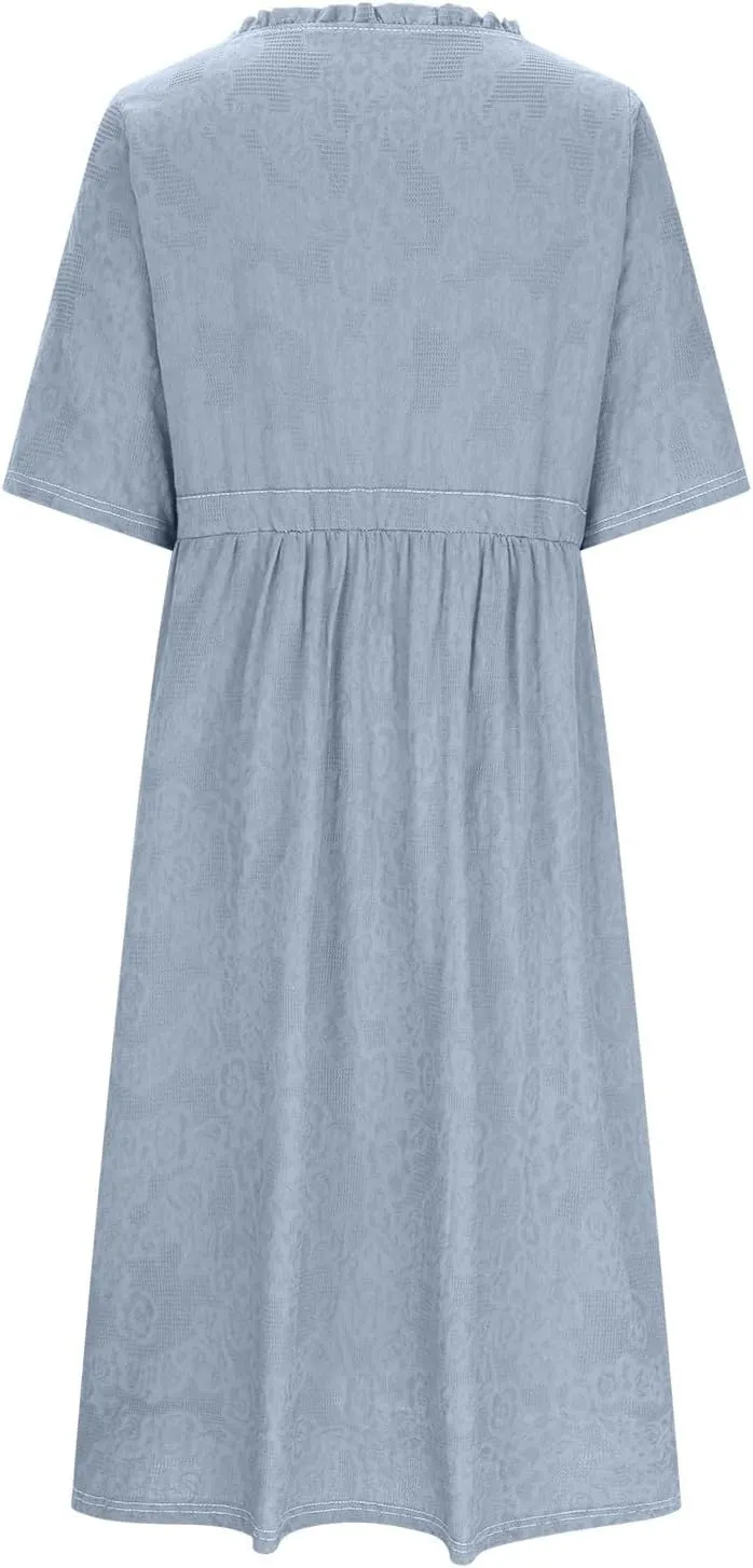 Women Summer Cotton Midi Dress Half Sleeve Button Down V Neck Retro Casual Dresses with Drawstring Solid Color 2025