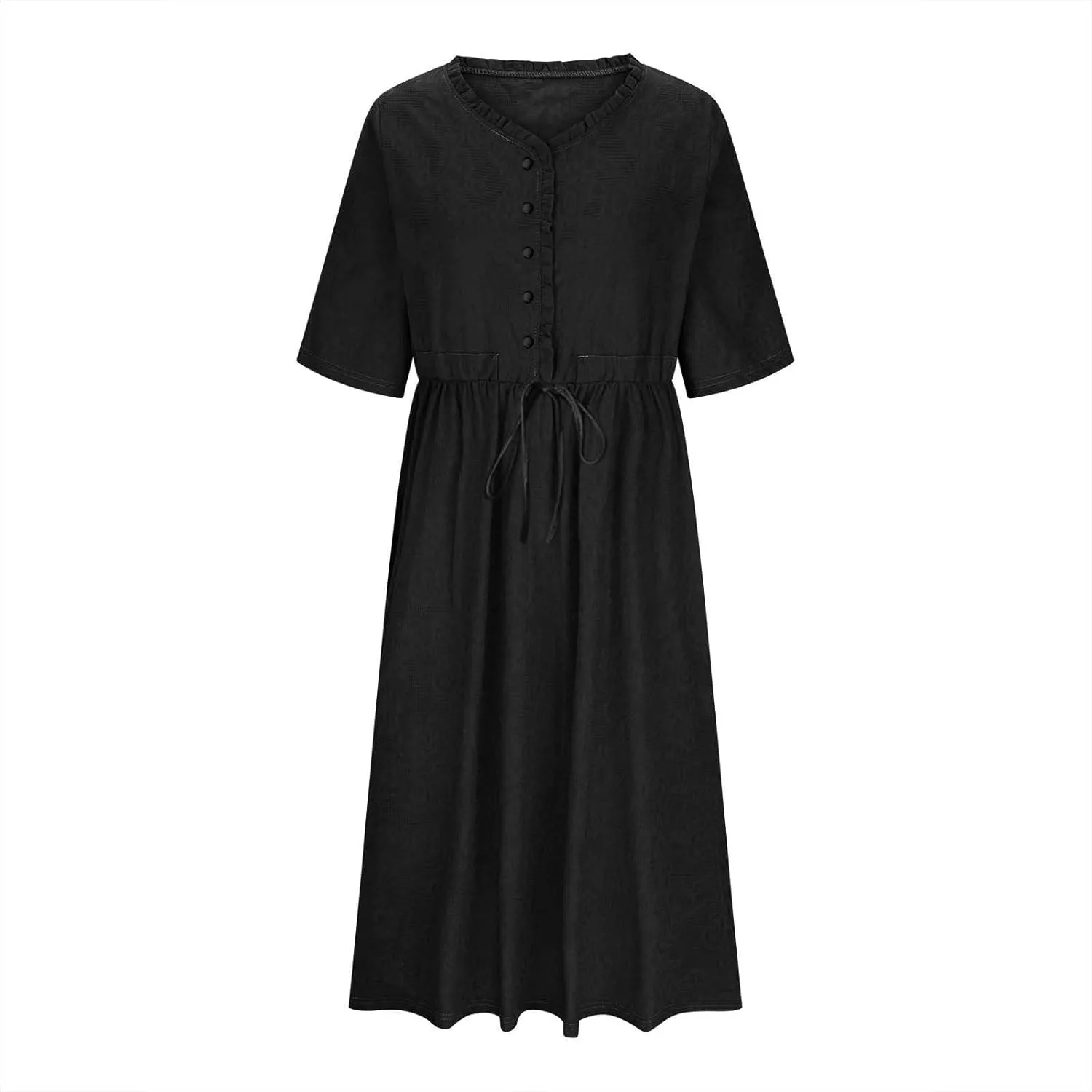 Women Summer Cotton Midi Dress Half Sleeve Button Down V Neck Retro Casual Dresses with Drawstring Solid Color 2025