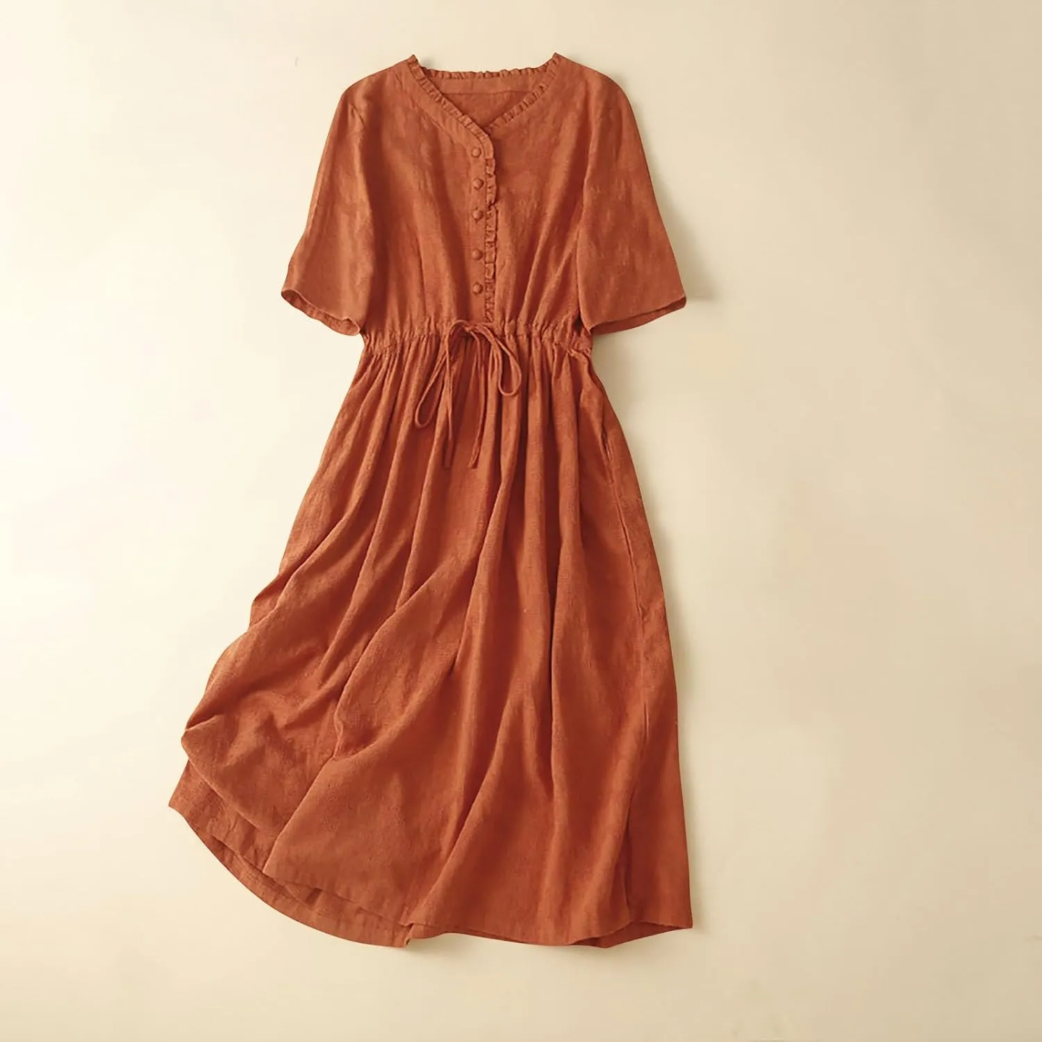Women Summer Cotton Midi Dress Half Sleeve Button Down V Neck Retro Casual Dresses with Drawstring Solid Color 2025