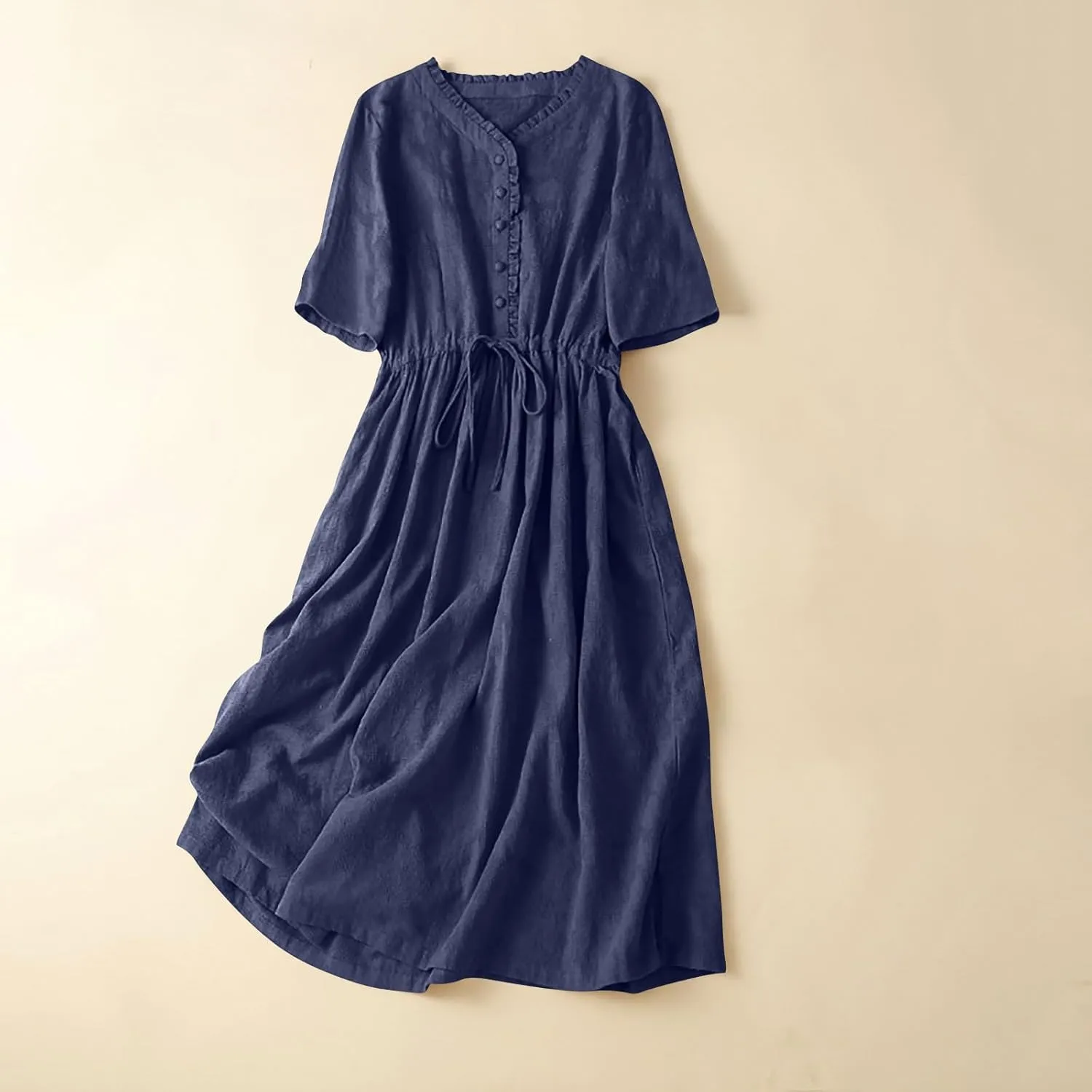 Women Summer Cotton Midi Dress Half Sleeve Button Down V Neck Retro Casual Dresses with Drawstring Solid Color 2025