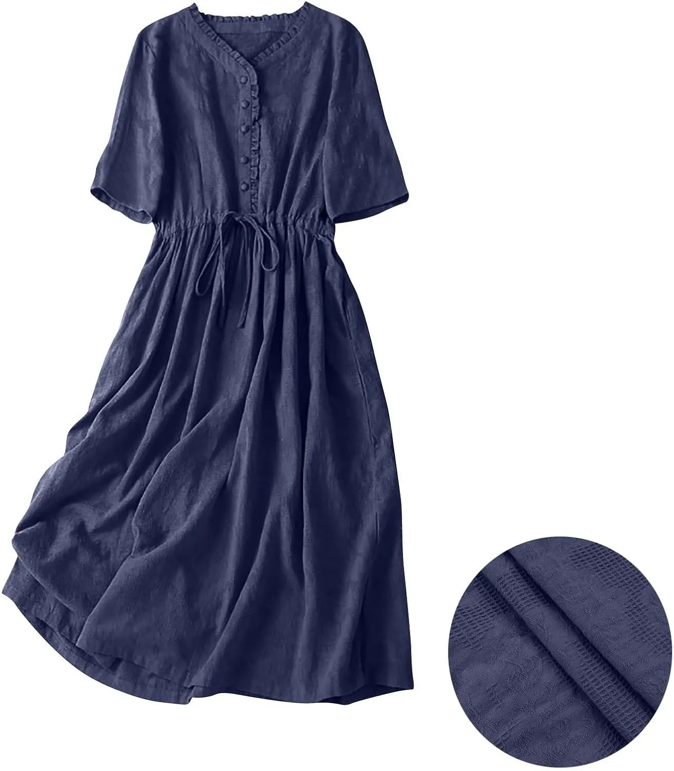 Women Summer Cotton Midi Dress Half Sleeve Button Down V Neck Retro Casual Dresses with Drawstring Solid Color 2025