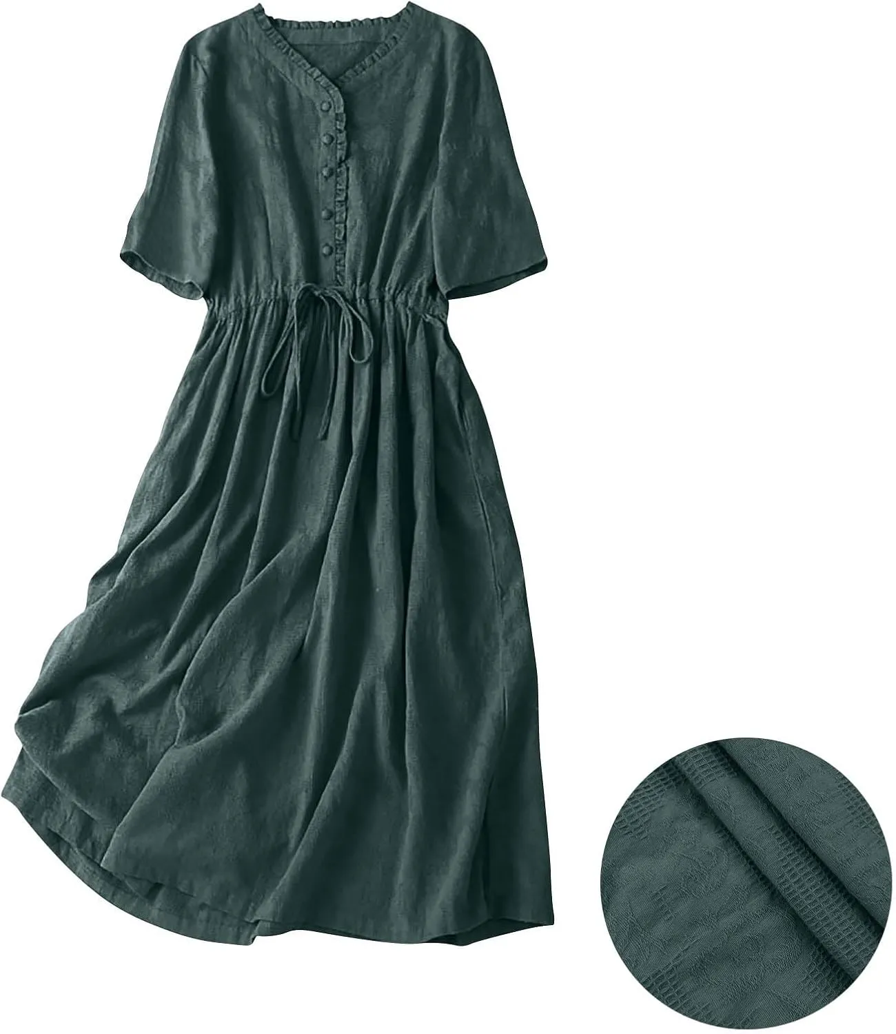 Women Summer Cotton Midi Dress Half Sleeve Button Down V Neck Retro Casual Dresses with Drawstring Solid Color 2025