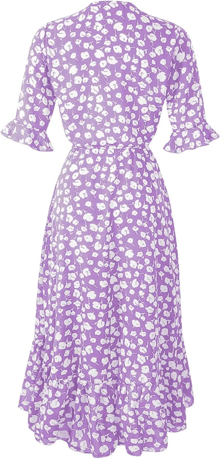 Women Summer Midi Dresses Casual Bohemian Floral Print Wrap V Neck Elbow Sleeve Beach Party Ruffle Midi Dress Sundress