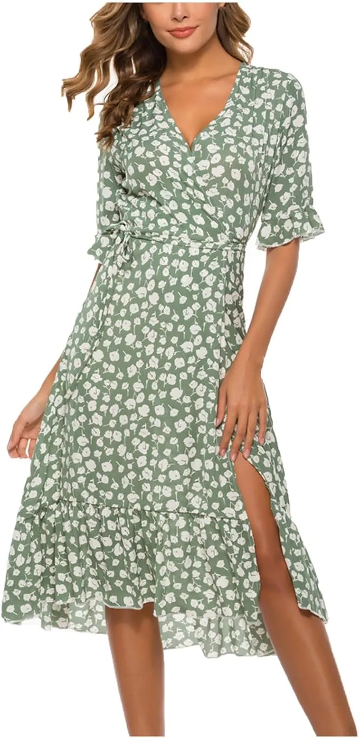 Women Summer Midi Dresses Casual Bohemian Floral Print Wrap V Neck Elbow Sleeve Beach Party Ruffle Midi Dress Sundress