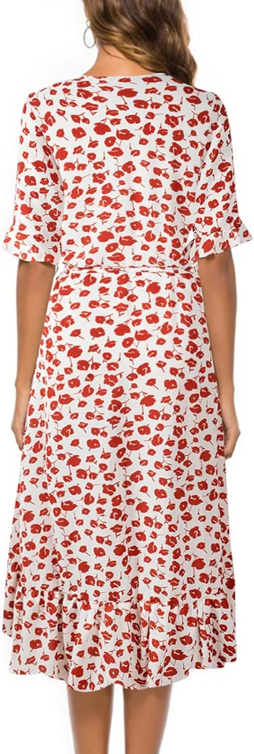 Women Summer Midi Dresses Casual Bohemian Floral Print Wrap V Neck Elbow Sleeve Beach Party Ruffle Midi Dress Sundress