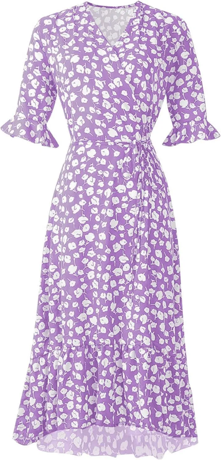 Women Summer Midi Dresses Casual Bohemian Floral Print Wrap V Neck Elbow Sleeve Beach Party Ruffle Midi Dress Sundress