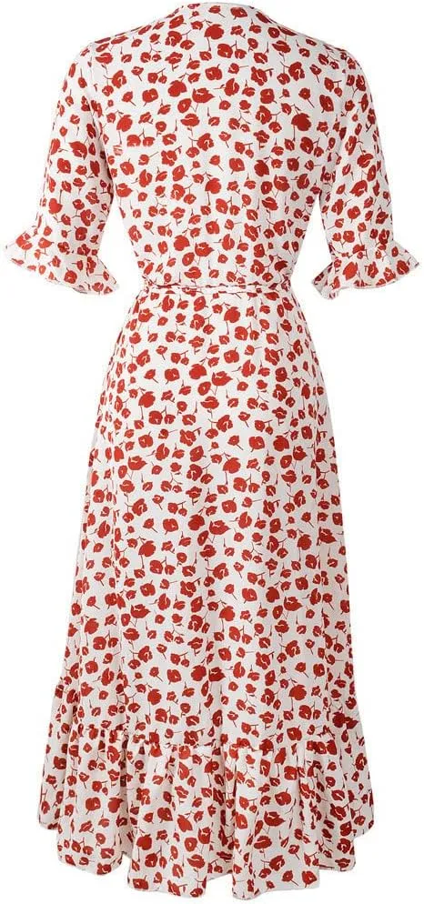 Women Summer Midi Dresses Casual Bohemian Floral Print Wrap V Neck Elbow Sleeve Beach Party Ruffle Midi Dress Sundress