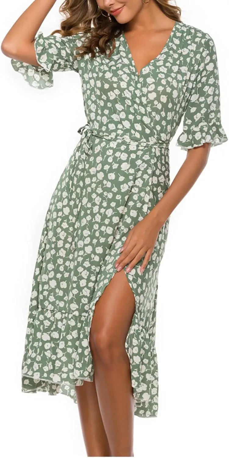 Women Summer Midi Dresses Casual Bohemian Floral Print Wrap V Neck Elbow Sleeve Beach Party Ruffle Midi Dress Sundress