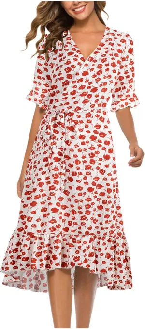 Women Summer Midi Dresses Casual Bohemian Floral Print Wrap V Neck Elbow Sleeve Beach Party Ruffle Midi Dress Sundress