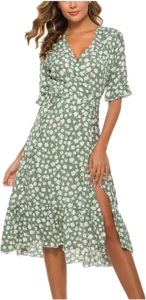 Women Summer Midi Dresses Casual Bohemian Floral Print Wrap V Neck Elbow Sleeve Beach Party Ruffle Midi Dress Sundress