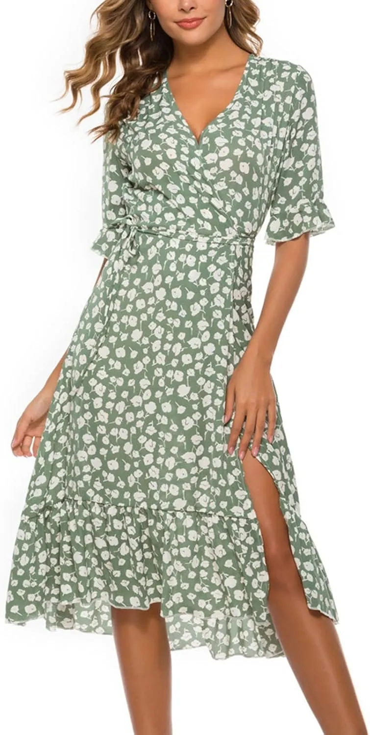 Women Summer Midi Dresses Casual Bohemian Floral Print Wrap V Neck Elbow Sleeve Beach Party Ruffle Midi Dress Sundress