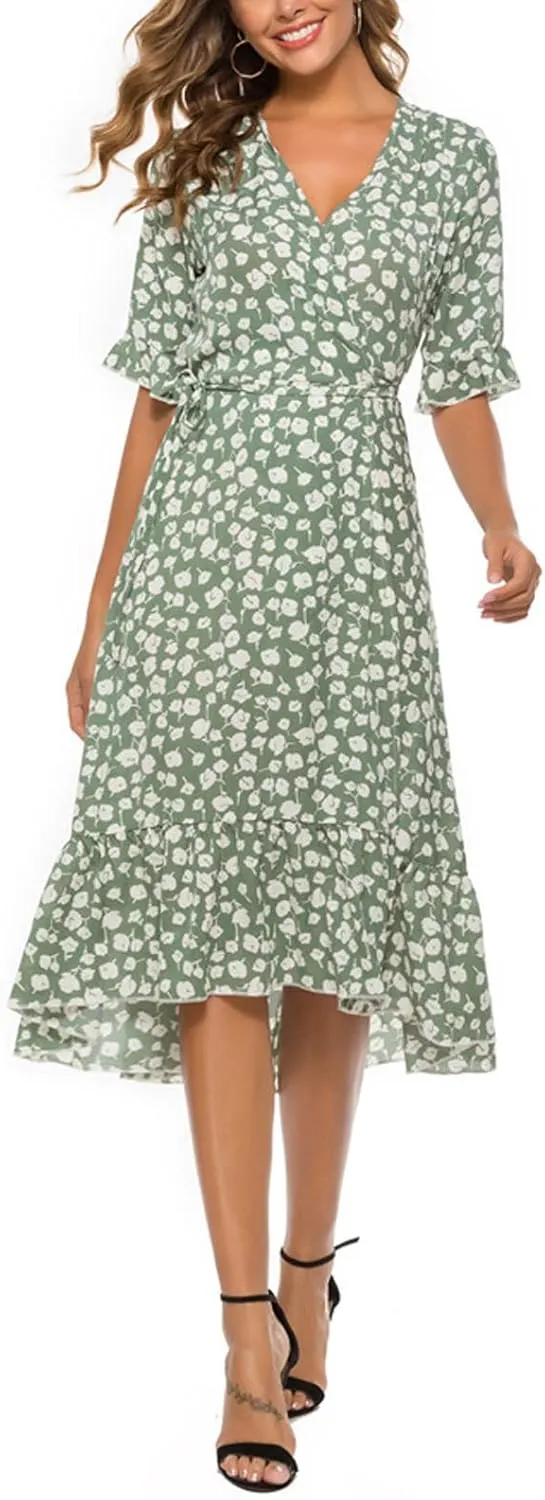 Women Summer Midi Dresses Casual Bohemian Floral Print Wrap V Neck Elbow Sleeve Beach Party Ruffle Midi Dress Sundress