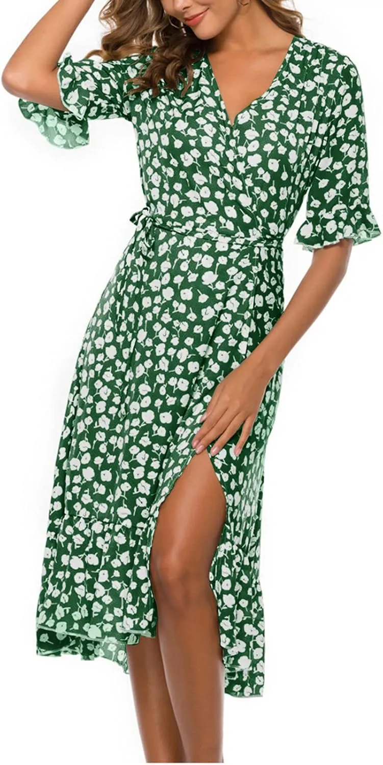 Women Summer Midi Dresses Casual Bohemian Floral Print Wrap V Neck Elbow Sleeve Beach Party Ruffle Midi Dress Sundress