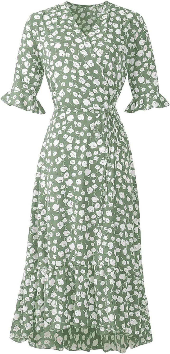 Women Summer Midi Dresses Casual Bohemian Floral Print Wrap V Neck Elbow Sleeve Beach Party Ruffle Midi Dress Sundress