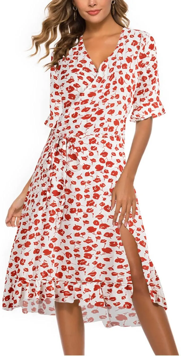 Women Summer Midi Dresses Casual Bohemian Floral Print Wrap V Neck Elbow Sleeve Beach Party Ruffle Midi Dress Sundress