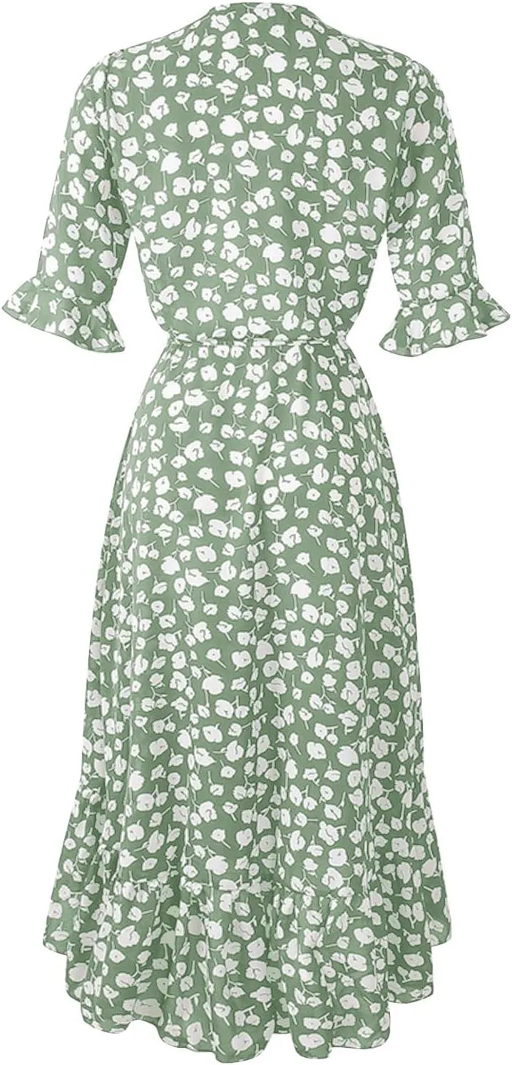 Women Summer Midi Dresses Casual Bohemian Floral Print Wrap V Neck Elbow Sleeve Beach Party Ruffle Midi Dress Sundress