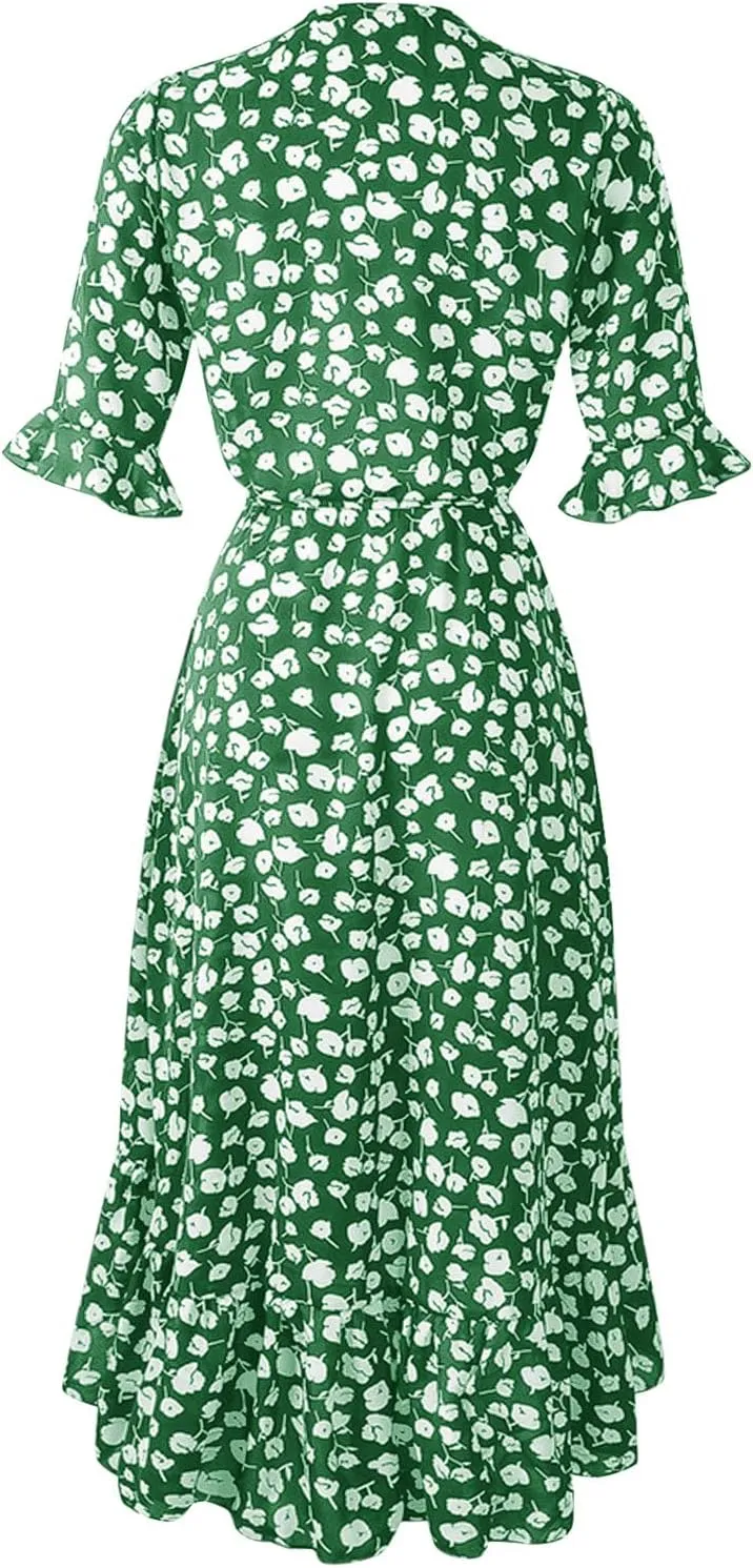 Women Summer Midi Dresses Casual Bohemian Floral Print Wrap V Neck Elbow Sleeve Beach Party Ruffle Midi Dress Sundress