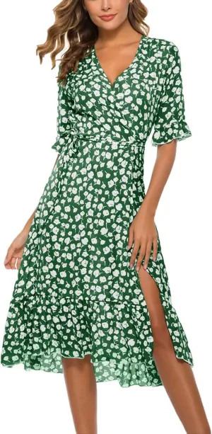 Women Summer Midi Dresses Casual Bohemian Floral Print Wrap V Neck Elbow Sleeve Beach Party Ruffle Midi Dress Sundress