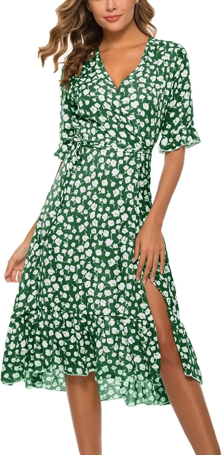 Women Summer Midi Dresses Casual Bohemian Floral Print Wrap V Neck Elbow Sleeve Beach Party Ruffle Midi Dress Sundress