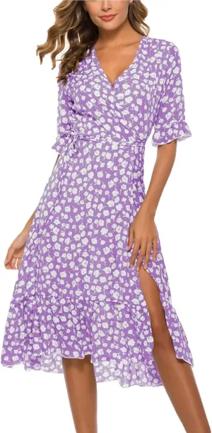Women Summer Midi Dresses Casual Bohemian Floral Print Wrap V Neck Elbow Sleeve Beach Party Ruffle Midi Dress Sundress