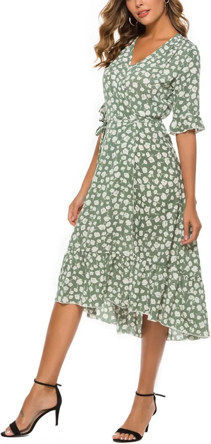 Women Summer Midi Dresses Casual Bohemian Floral Print Wrap V Neck Elbow Sleeve Beach Party Ruffle Midi Dress Sundress