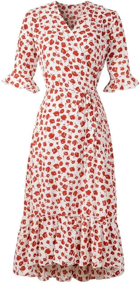 Women Summer Midi Dresses Casual Bohemian Floral Print Wrap V Neck Elbow Sleeve Beach Party Ruffle Midi Dress Sundress
