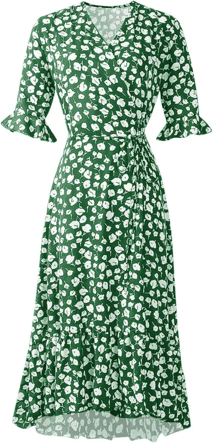 Women Summer Midi Dresses Casual Bohemian Floral Print Wrap V Neck Elbow Sleeve Beach Party Ruffle Midi Dress Sundress