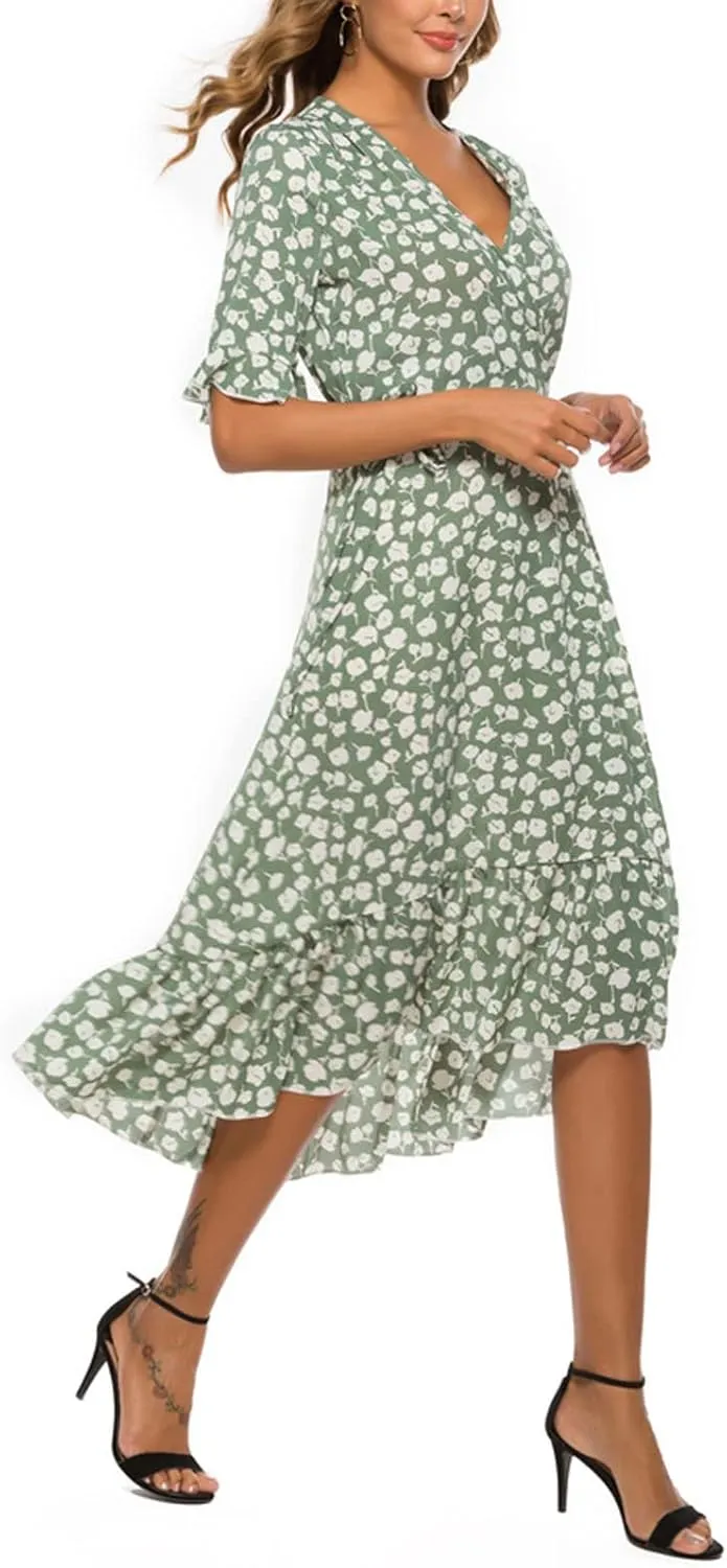 Women Summer Midi Dresses Casual Bohemian Floral Print Wrap V Neck Elbow Sleeve Beach Party Ruffle Midi Dress Sundress