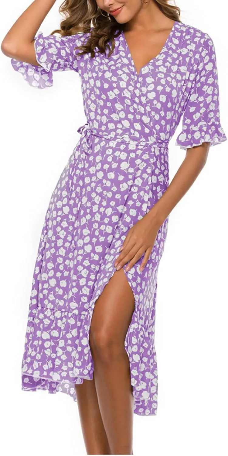 Women Summer Midi Dresses Casual Bohemian Floral Print Wrap V Neck Elbow Sleeve Beach Party Ruffle Midi Dress Sundress