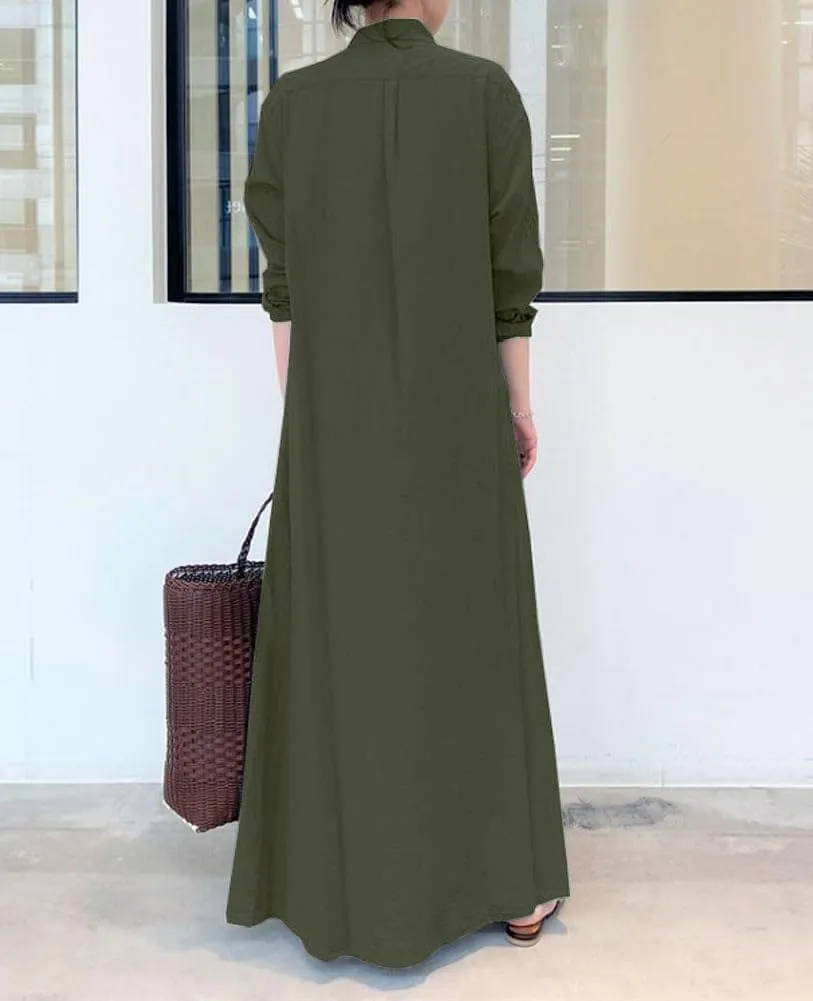 Women Trendy Rolled Up Sleeve Plus Size Shirt Dress Button Down Ankle Length Solid Casual Maxi Dress with Pockets