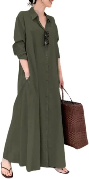 Women Trendy Rolled Up Sleeve Plus Size Shirt Dress Button Down Ankle Length Solid Casual Maxi Dress with Pockets