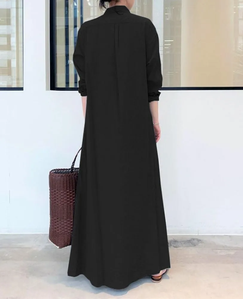Women Trendy Rolled Up Sleeve Plus Size Shirt Dress Button Down Ankle Length Solid Casual Maxi Dress with Pockets