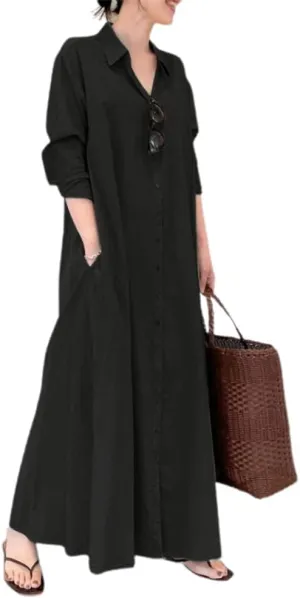Women Trendy Rolled Up Sleeve Plus Size Shirt Dress Button Down Ankle Length Solid Casual Maxi Dress with Pockets