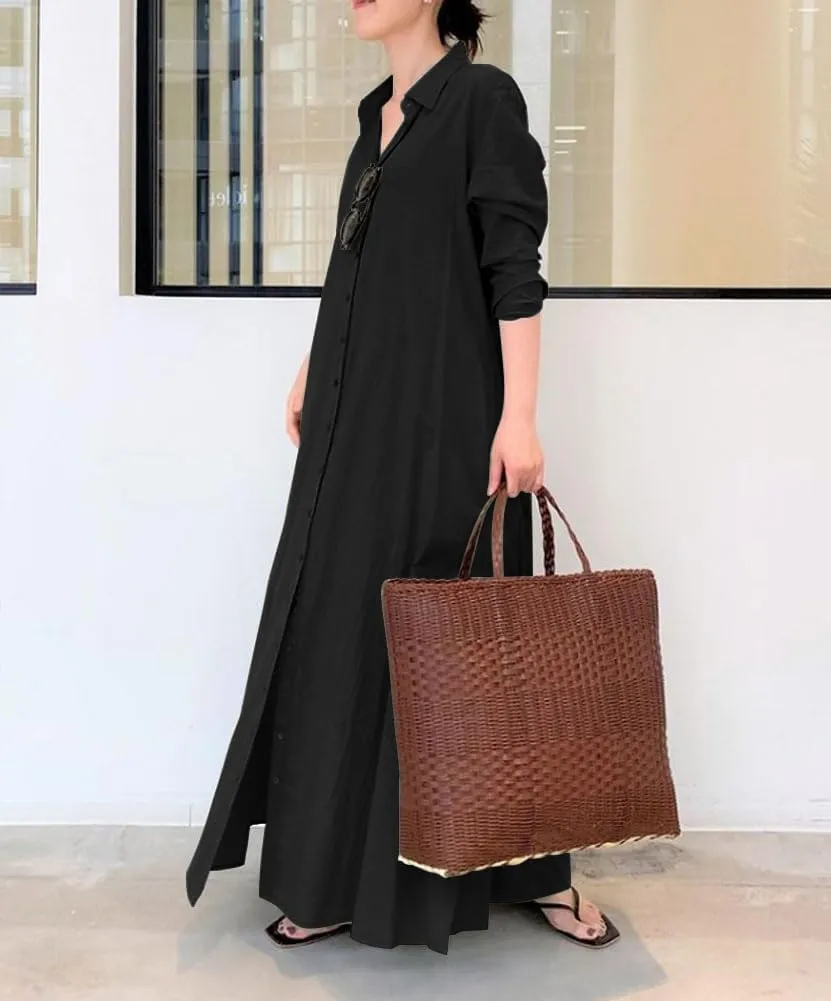 Women Trendy Rolled Up Sleeve Plus Size Shirt Dress Button Down Ankle Length Solid Casual Maxi Dress with Pockets