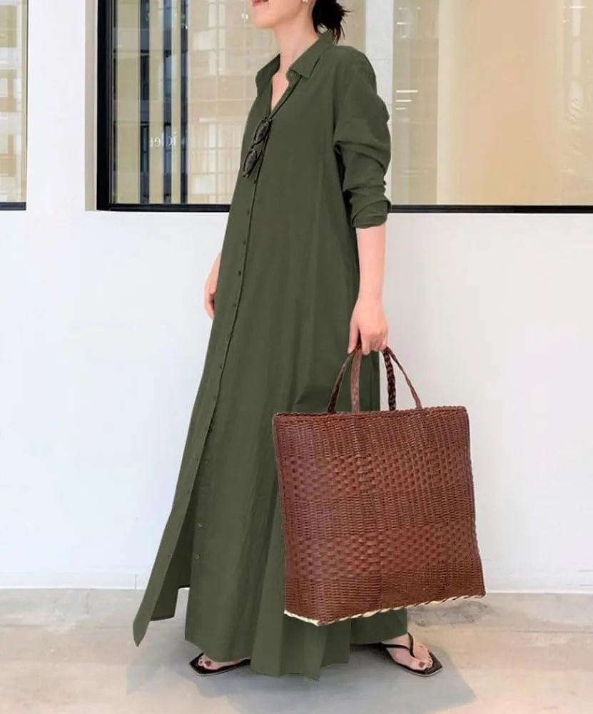 Women Trendy Rolled Up Sleeve Plus Size Shirt Dress Button Down Ankle Length Solid Casual Maxi Dress with Pockets