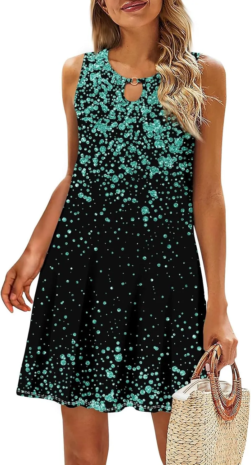 Women's 2024 Summer Floral Mini Dress Sleeveless Ruffle Boho Beach Vacation Short Tank Sundresses