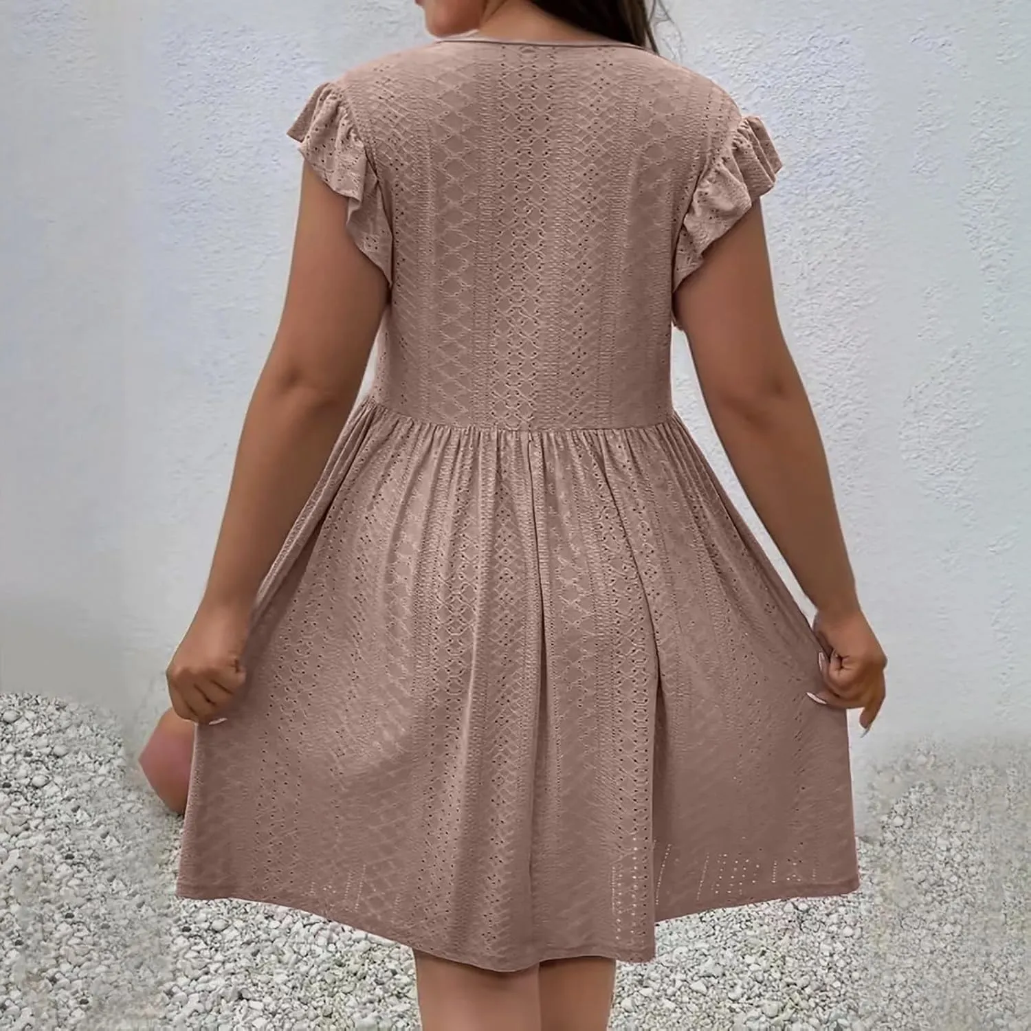 Womens Casual Dress Summer Beach Vacation Plus Size V Neck Ruffle Cap Sleeve A Line Pleated Flowy Swing Mini Dress
