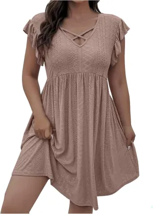 Womens Casual Dress Summer Beach Vacation Plus Size V Neck Ruffle Cap Sleeve A Line Pleated Flowy Swing Mini Dress