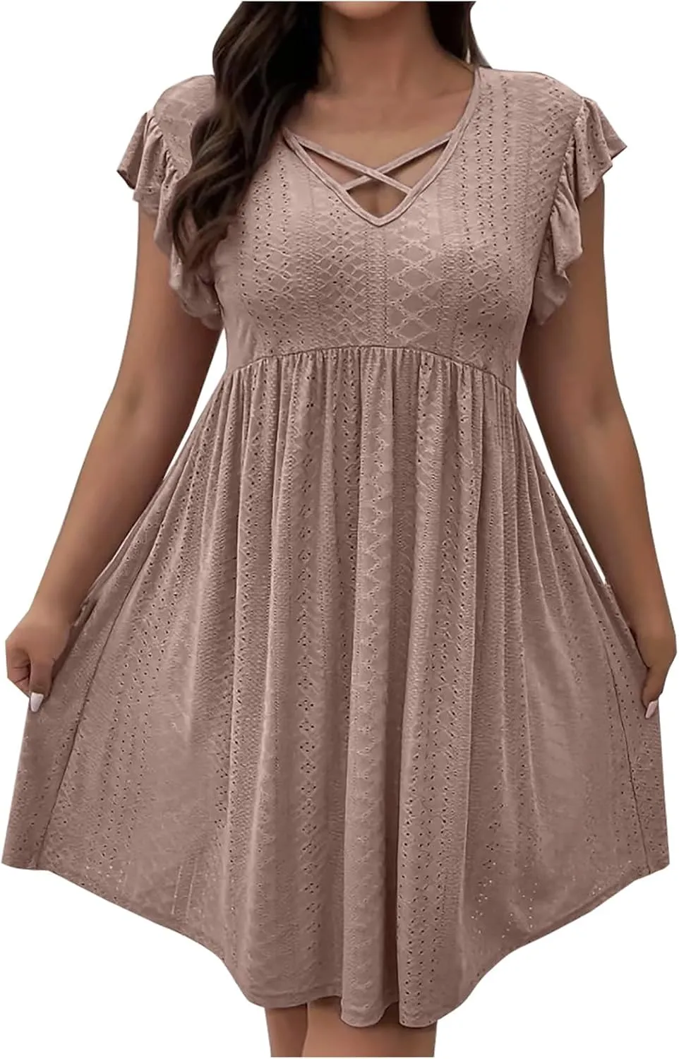Womens Casual Dress Summer Beach Vacation Plus Size V Neck Ruffle Cap Sleeve A Line Pleated Flowy Swing Mini Dress