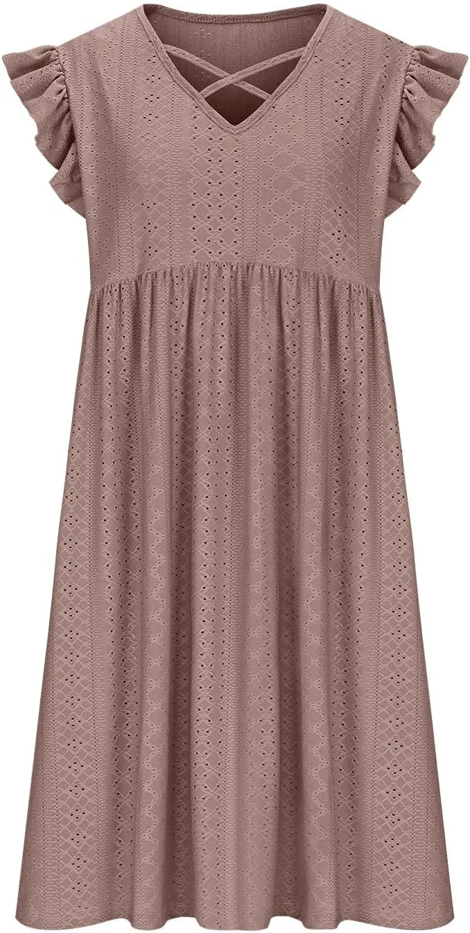 Womens Casual Dress Summer Beach Vacation Plus Size V Neck Ruffle Cap Sleeve A Line Pleated Flowy Swing Mini Dress