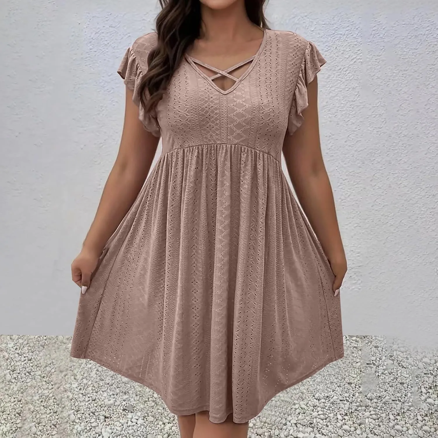 Womens Casual Dress Summer Beach Vacation Plus Size V Neck Ruffle Cap Sleeve A Line Pleated Flowy Swing Mini Dress