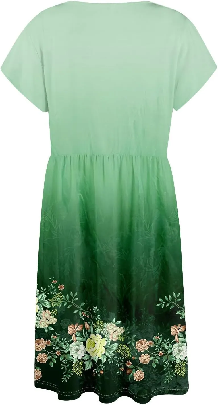 Womens Casual Round Neck 2025 Dresses Fly Sleeve Fashion Printed Sexy Button Pocket Summer Midi Slim Party Dress